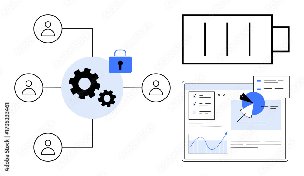 Poster gear icons linked to team members highlighting secure integration, accompanied by a dashboard with c