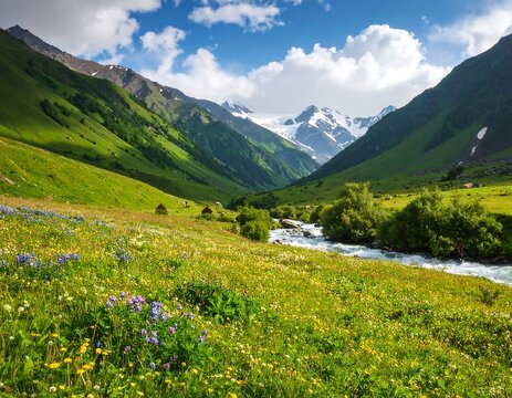 Lush valley with snow-capped mountains