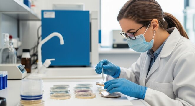 Female scientist in lab coat and mask using pipette to put sample on petri dish