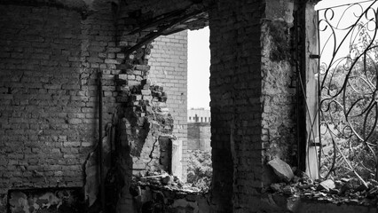 ruined street and destroyed houses the city Kiev war in Ukraine