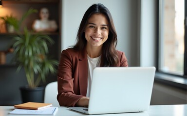 Vertical portrait of confident businesswoman leader in her 30s at work desk. Smiling Hispanic young woman entrepreneur, happy female executive manager looking at camera sitting at work with laptop.