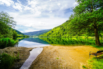 View of Lake Afritz and the surrounding landscape. Nature near Feld am See in Carinthia.
