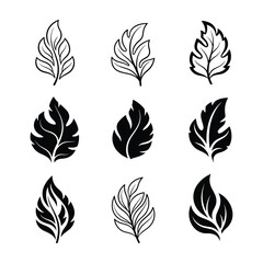 Fototapeta premium Nine Black and White Leaf Icons and Silhouettes nature