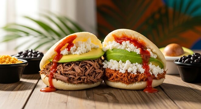 Photo of arepas with rustic plate avocado and melted cheese