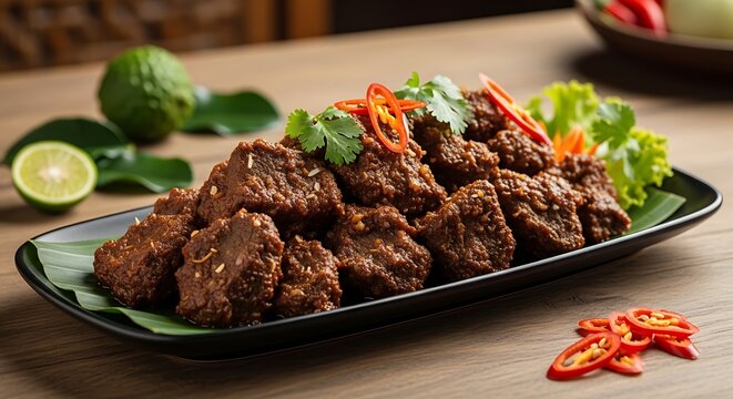 Photo of beef rendang with thick sauce and kaffir lime leaves