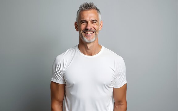 Happy confident handsome fit sporty healthy mature older man, middle aged sportsman athlete or personal trainer wearing white t-shirt standing isolated on gray background advertising gym. Portrait