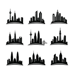 Naklejka premium Nine black city skyline silhouettes with curved bases on white background urban cityscape