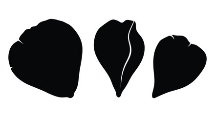 Three distinct black silhouettes of organic shapes resembling petals or leaves silhouette