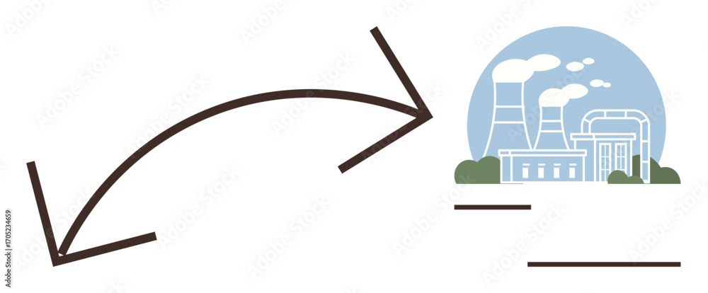 Poster factory with chimneys emitting smoke, two curved arrows symbolizing flow and transformation. ideal f