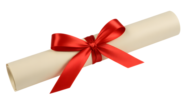 Elegant diploma scroll tied with a vibrant red ribbon, celebrating academic achievements