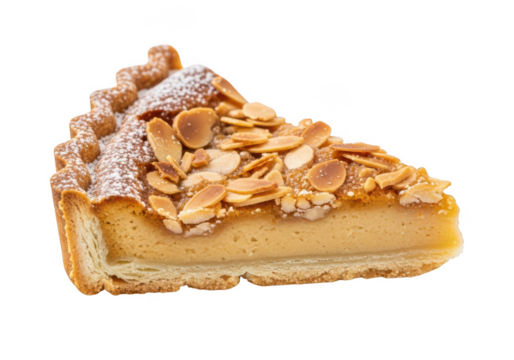 A triangular slice of almond tart dusted with powdered sugar, showcasing its flaky crust and creamy filling, isolated on transparent background