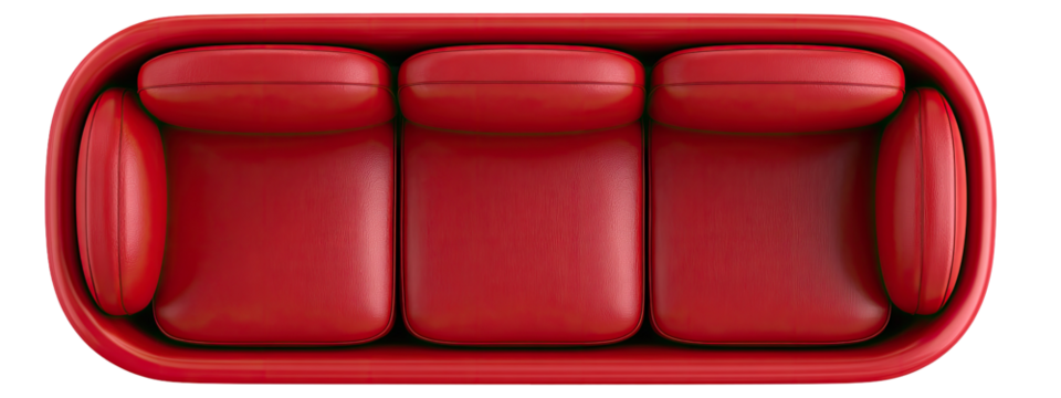 Overhead view of a three-seater red sofa with rounded edges and three distinct cushions - Powered by Adobe