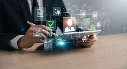 Digital Data Management: A professional individual in a business setting is meticulously reviewing and managing digital data, highlighting the efficiency of modern technology.