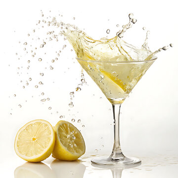 A zesty lemon wedge creates a dynamic splash in a martini glass offering a refreshing twist isolated on white background