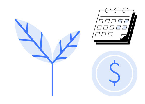 Plant leaf symbolizing growth, calendar for scheduling or planning, and dollar coin for financial matters. Ideal for finance, sustainability, investment, planning, eco-business, savings future