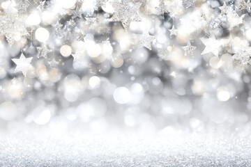 White and silver glitter background with sparkling stars, shiny sparkles, shimmering lights, glowing bokeh, elegant festive luxury decoration atmosphere