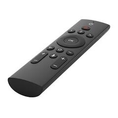 A sleek black remote control with intuitive navigation, volume, and voice command functions for modern entertainment systems.