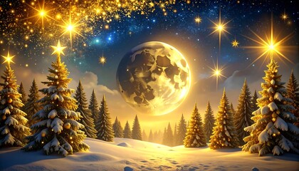 Fototapeta premium Winter Wonderland Christmas Scene with Full Moon.