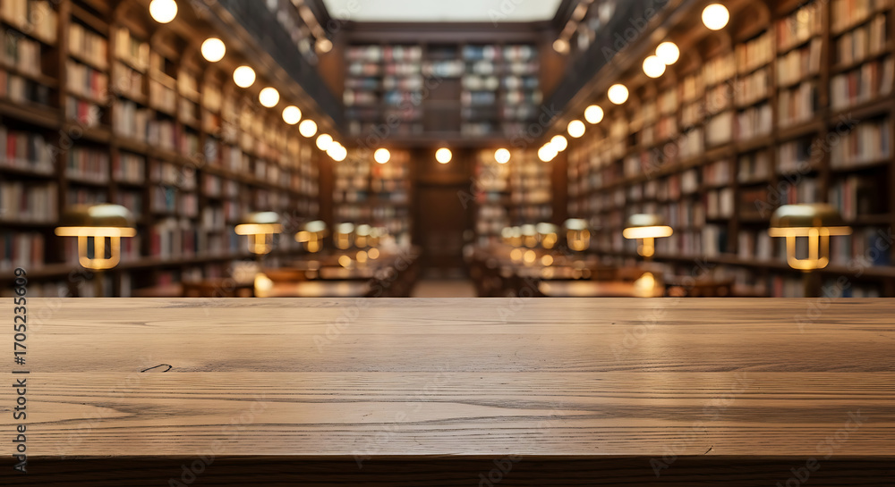 Poster wooden tabletop in a classic library setting with blurred bookshelves and lamps in the background fo