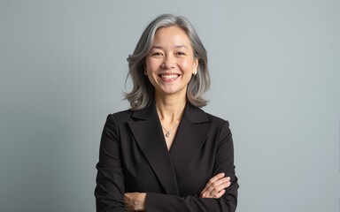 Happy smiling stylish confident 50 years old Asian female professional standing looking at camera at gray background. Portrait of sophisticated grey hair woman advertising products and services.
