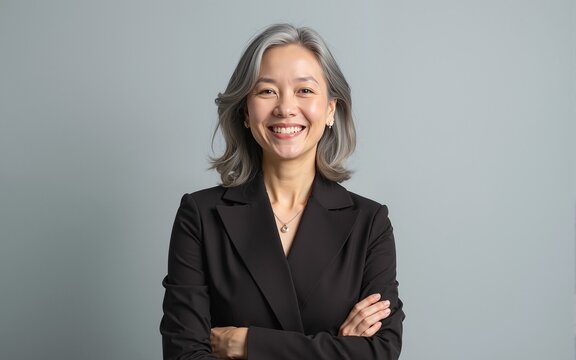 Happy smiling stylish confident 50 years old Asian female professional standing looking at camera at gray background. Portrait of sophisticated grey hair woman advertising products and services.
