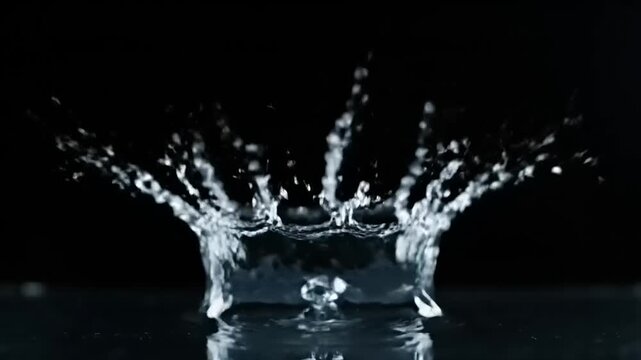 A dynamic high-speed capture of a clear water drop creating a perfect crown splash on a black background
