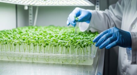 Scientist is spraying water on microgreens in a growth chamber under led lighting