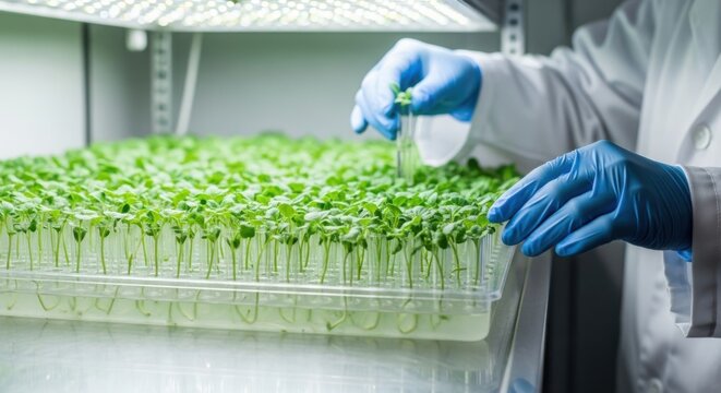 Scientist is spraying water on microgreens in a growth chamber under led lighting