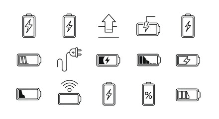 Collection of battery icons and charging symbols silhouette