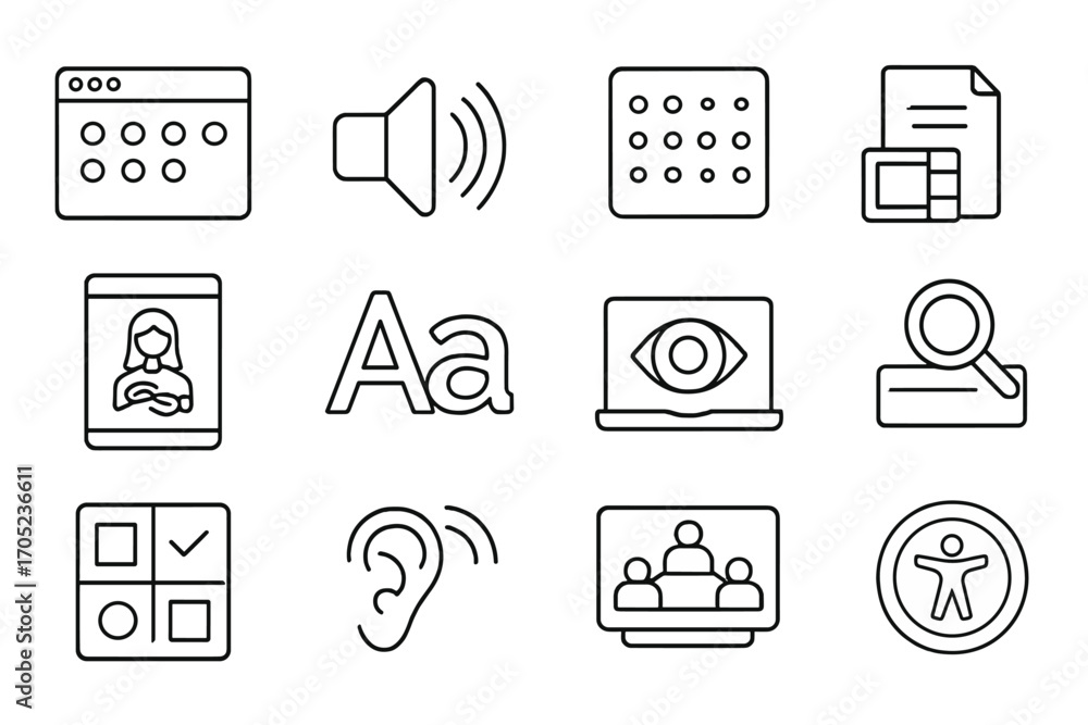 Poster accessibility, usability outline icon set. web, interface, user-friendly icons line collection