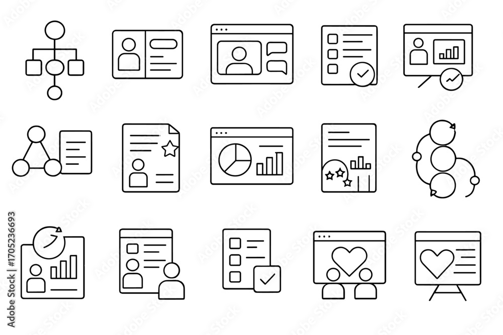 Aufkleber data analysis and presentation icon set. charts, graphs, outline style collection