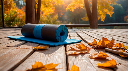 Yoga mat and wellness props in an autumn park with golden leaves, peaceful outdoor scene for healthy lifestyle stock image.