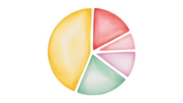 Watercolor pie chart showing business data analysis for marketing and financial reports