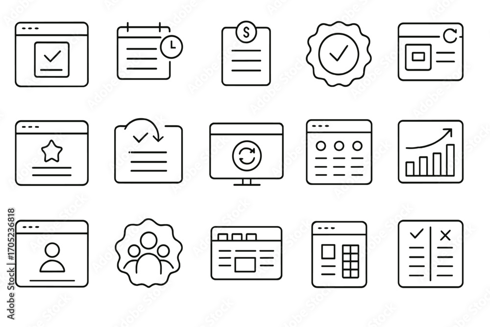 Poster web development outline icon set. ui, ux, coding, and design essentials.