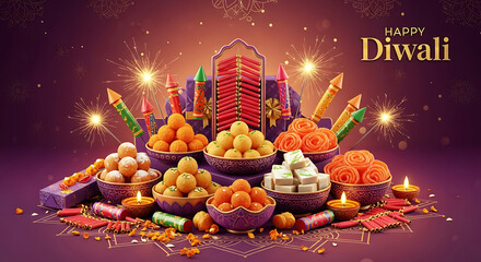 Diwali festival sweets fireworks and diyas on purple background