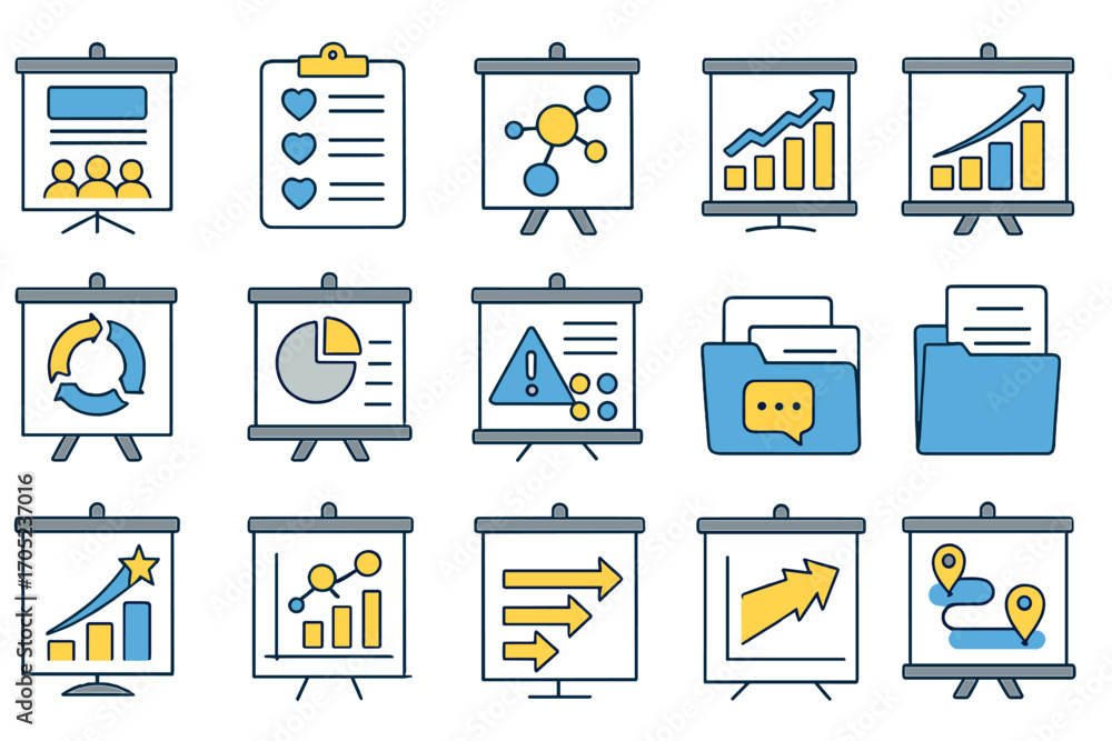Poster business and analytics icon set. boost your projects with linear business graphics