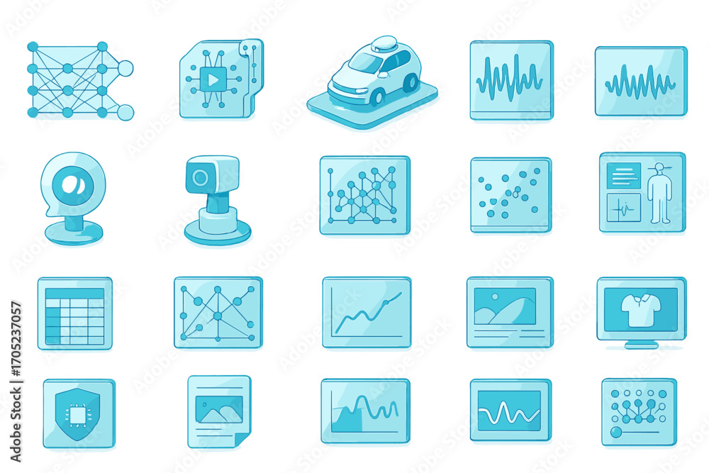 Poster artificial intelligence, technology line icon set. machine learning, data science icons