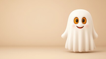 Fototapeta premium Cute cartoon ghost playful Halloween illustration. Smiling happy character with friendly face. Fun and joyful spirit, cheerful costume, minimal background, perfect for children or festive greeting