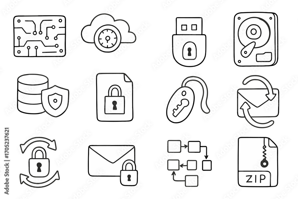 Poster security, technology linear icon set. protection and data privacy linear style icons