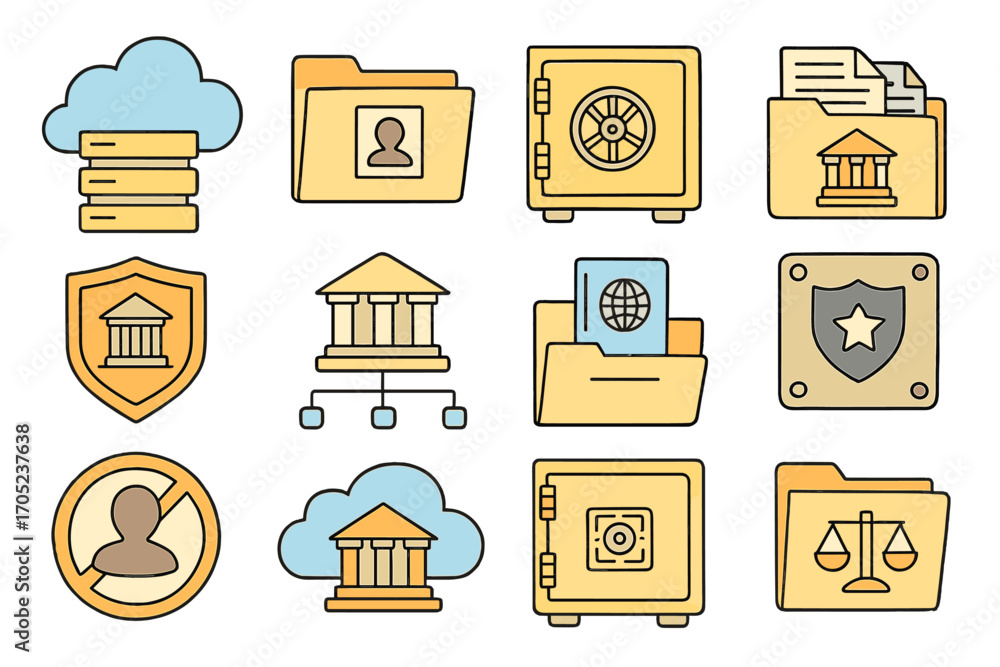 Poster data security icon set. cloud, folder, shield, safe icons in outline style