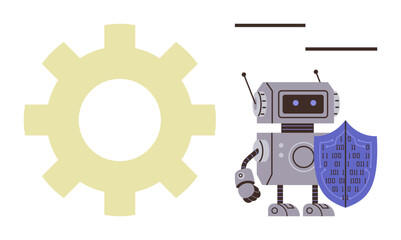 Robot holding binary shield beside large gear, symbolizing cybersecurity, technology, AI, automation, protection, digital safety, and industrial processes. Ideal for tech innovation defense AI