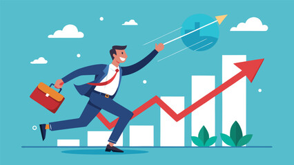 Obraz premium Businessman running towards growth with upward trend and target in hand