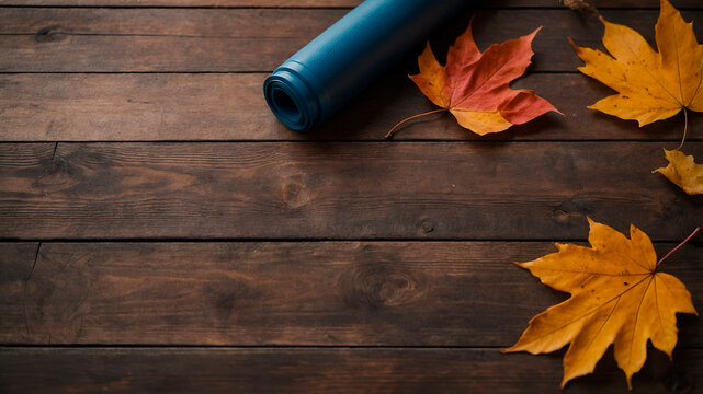 Flat lay of yoga mat and wellness gear with autumn leaves on rustic wooden floor, minimal and seasonal lifestyle concept.