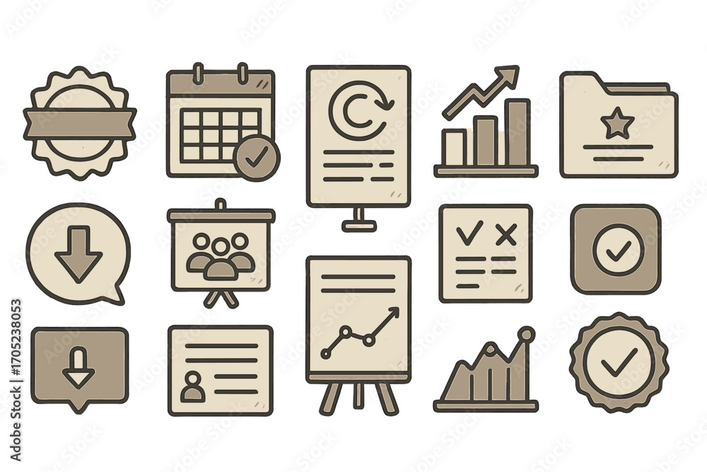 Poster business and productivity icon set. outline style icons for planning and analysis