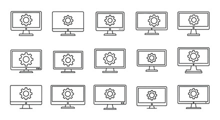Collection of computer monitors displaying gear icons silhouette