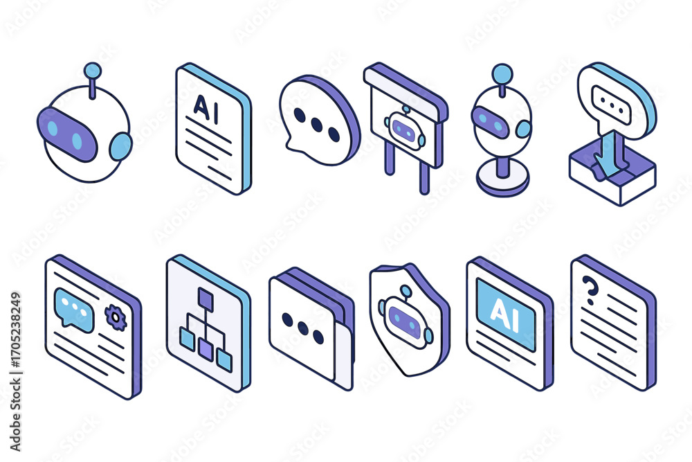 Poster robotics and ai 3d icon set. robotics, automation, artificial intelligence, bot icons