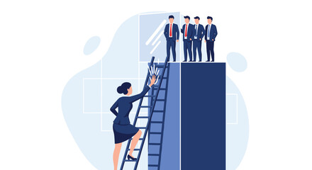 Businesswoman climbing ladder to reach male colleagues on top of building, symbolizing career advancement and gender equality in the workplace.