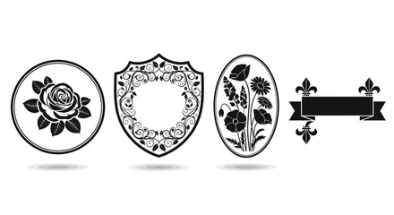 Obraz premium Decorative oval and shield frames with floral motifs and ribbon silhouette