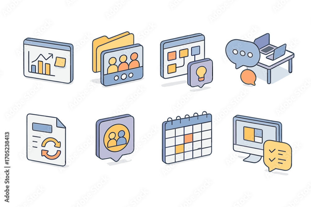 Poster Business and communication icon set. office and chart visualization outline icons