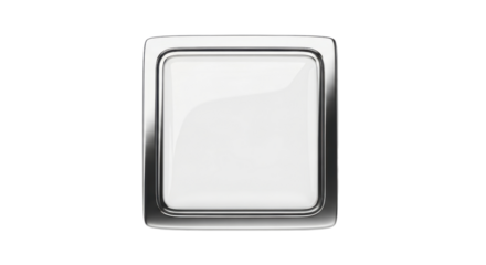 A glossy white square push button with a shiny, beveled silver metallic frame, isolated on a white background.